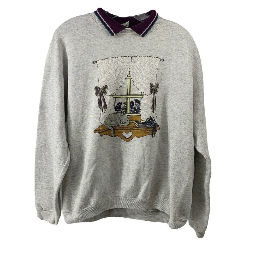 Nutmeg Mills Vintage Window Cat Sweatshirt 90s Lrg